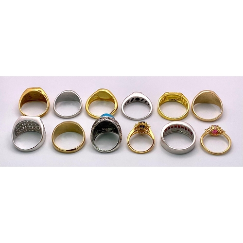 1618 - 12 Different Decorative Stone Rings in Larger Sizes. Set in white and gilded metal.