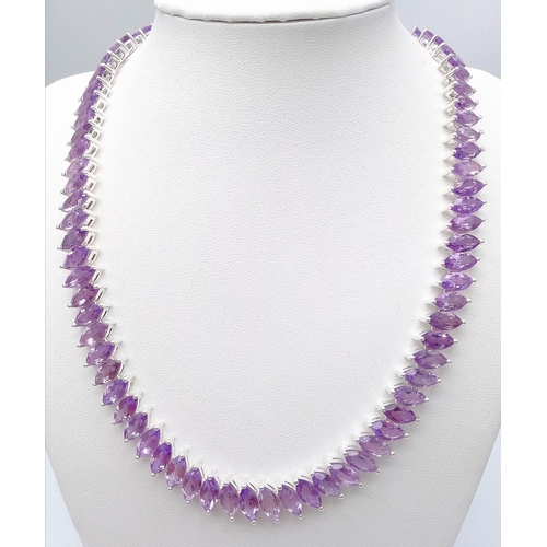 164 - A Purple Haze of Marquise Shaped Amethyst Gemstones Creating a Stunning Tennis Necklace. Set in 925 ... 