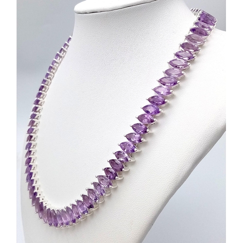 164 - A Purple Haze of Marquise Shaped Amethyst Gemstones Creating a Stunning Tennis Necklace. Set in 925 ... 