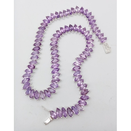 164 - A Purple Haze of Marquise Shaped Amethyst Gemstones Creating a Stunning Tennis Necklace. Set in 925 ... 