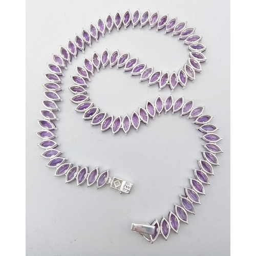 164 - A Purple Haze of Marquise Shaped Amethyst Gemstones Creating a Stunning Tennis Necklace. Set in 925 ... 