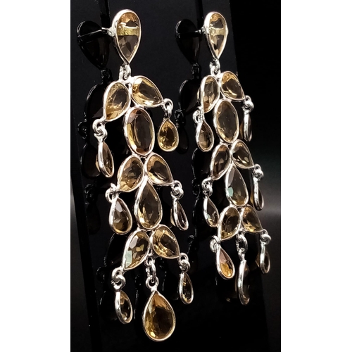 1665 - A Pair of Lemon Quartz Gemstone Floral Drop Earrings set in 925 Silver. 5cm drop. 9.8g total weight.... 