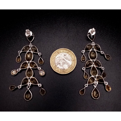 1665 - A Pair of Lemon Quartz Gemstone Floral Drop Earrings set in 925 Silver. 5cm drop. 9.8g total weight.... 