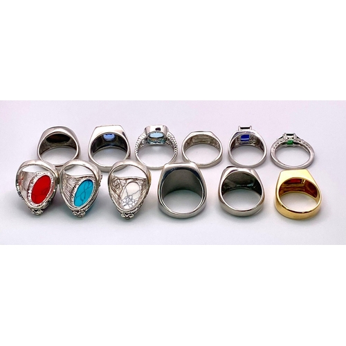 1669 - 12 Different Decorative Stone Rings in Larger Sizes. Set in white and gilded metal.