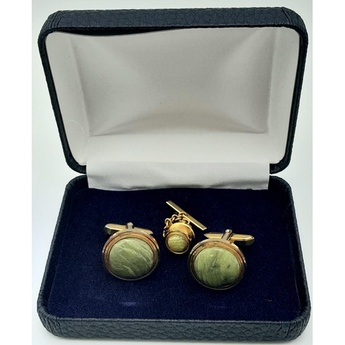 1681 - A Pair of Green Jade Cufflinks and Tie Pin. Comes with a presentation case.