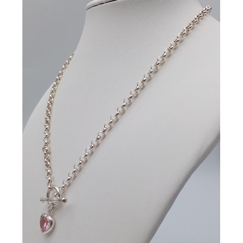 897 - A 925 Silver, T-Bar Belcher Link Necklace with a pink heart stone pendant. 
Weight: 12.49g