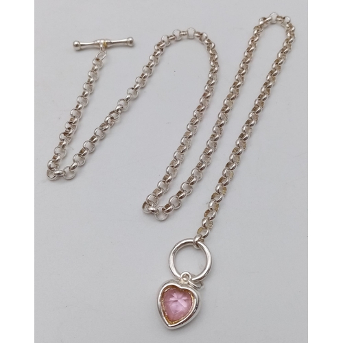 897 - A 925 Silver, T-Bar Belcher Link Necklace with a pink heart stone pendant. 
Weight: 12.49g