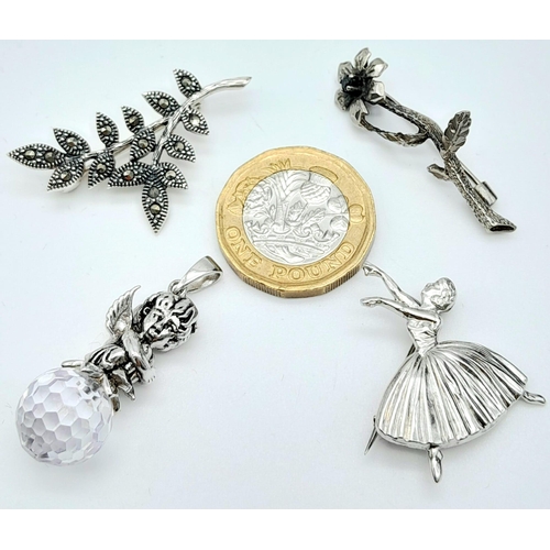 906 - Collection of four Sterling Silver Jewellery items.
Featuring one Cherub sat on a Crystal Ball Penda... 