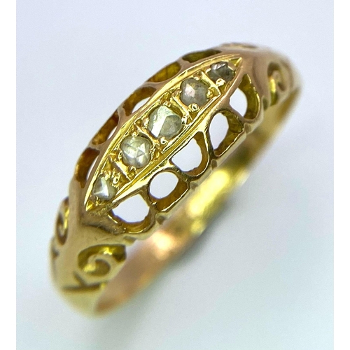 1253 - AN ANTUQUE 18K YELLOW GOLD DIAMOND RING. HALLMARKED 1860, BIRMINGHAM. TOTAL WEIGHT 1.8G. SIZE M