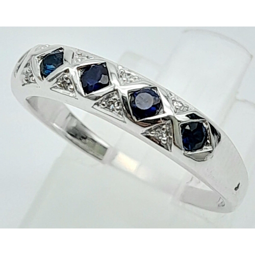 1347 - A 9K WHITE GOLD DIAMOND & SAPPHIRE BAND RING. 2.2G SIZE M.