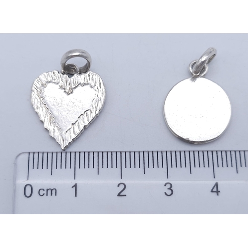 1393 - 2 X GENUINE LINKS OF LONDON STERLING SILVER CHARMS, HEART AND ROUND,  ENGRAVABLE CHARM 7.5G
ref: SP ... 