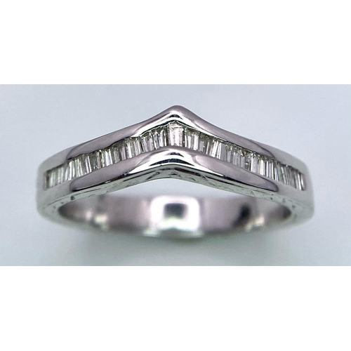 198 - An 18K White Gold Wishbone, Baguette Cut Diamonds, Half Eternity Ring. Size J, 0.30ctw, 3.5g total w... 