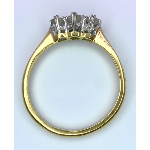 254 - An 18 k yellow gold ring with a trilogy of round cut diamonds (0.40 carats), ring size: o, weight; 2... 