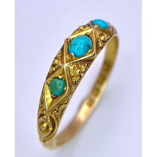 261 - A vintage, 18 K yellow gold ring with turquoise cabochons, hallmarked London 1933. Ring size