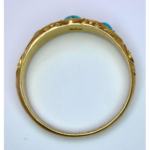 261 - A vintage, 18 K yellow gold ring with turquoise cabochons, hallmarked London 1933. Ring size