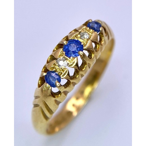 262 - 18K YELLOW GOLD ANTIQUE DIAMOND & SAPPHIRE RING, HALLMARKED BIRMINGHAM 1917.
WEIGHT: 3.2G 
SIZE R

S... 