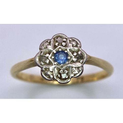 283 - 18K YELLOW GOLD & PLATINUM VINTAGE DIAMOND & SAPPHIRE CLUSTER RING.
WEIGHT: 3G 
SIZE Q

SC 5031