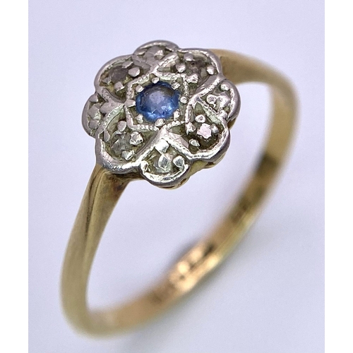 283 - 18K YELLOW GOLD & PLATINUM VINTAGE DIAMOND & SAPPHIRE CLUSTER RING.
WEIGHT: 3G 
SIZE Q

SC 5031