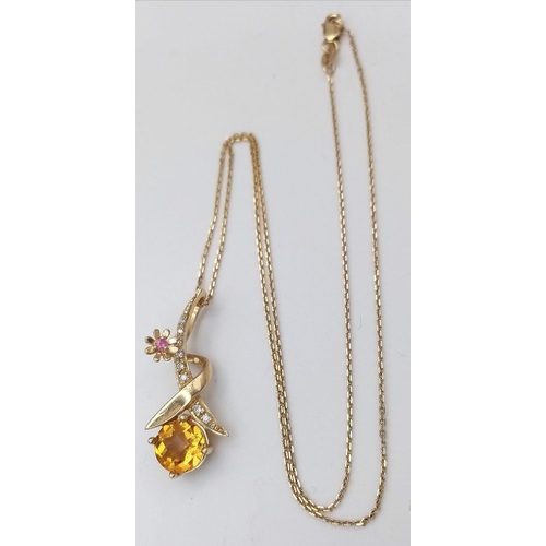 299 - A 14K YELLOW GOLD DIAMOND & CITRINE FANCY PENDANT ON CHAIN NECKLACE 4.7G 41cm chain length / 3cm pen... 