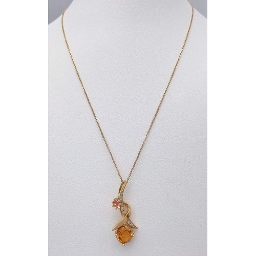 299 - A 14K YELLOW GOLD DIAMOND & CITRINE FANCY PENDANT ON CHAIN NECKLACE 4.7G 41cm chain length / 3cm pen... 