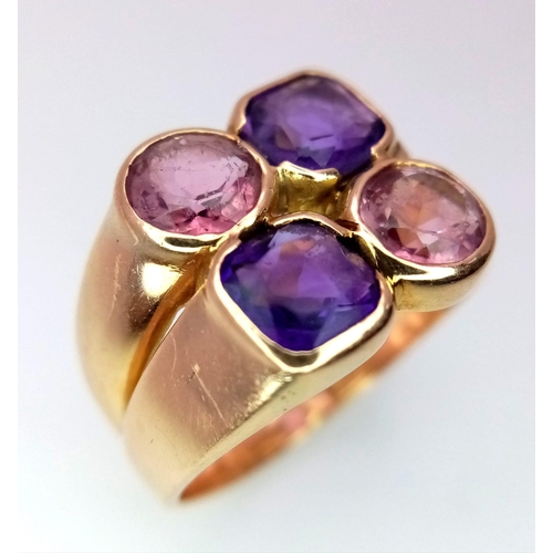 31 - A 14 K rose gold ring with four amethysts. ring size; P, weight: 10 g.