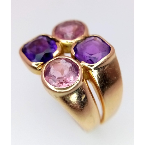 31 - A 14 K rose gold ring with four amethysts. ring size; P, weight: 10 g.