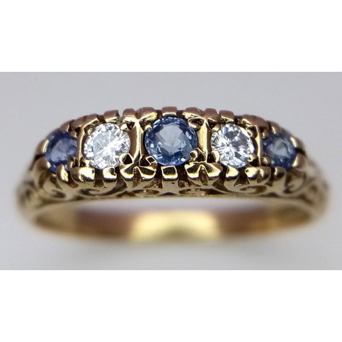 327 - A 9K YELLOW GOLD VINTAGE DIAMOND & SAPPHIRE 5 STONE RING 3G SIZE P
ref: H 5003