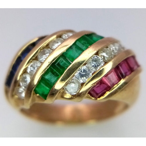 38 - An 18 K yellow gold fancy ring with ruby, emerald and diamond diagonal bands. Ring size: M, weight: ... 