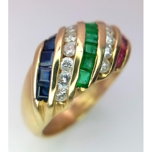 38 - An 18 K yellow gold fancy ring with ruby, emerald and diamond diagonal bands. Ring size: M, weight: ... 