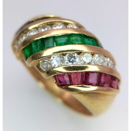 38 - An 18 K yellow gold fancy ring with ruby, emerald and diamond diagonal bands. Ring size: M, weight: ... 