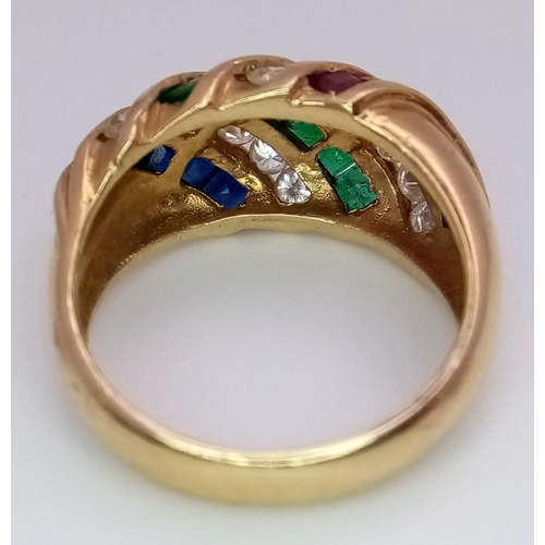 38 - An 18 K yellow gold fancy ring with ruby, emerald and diamond diagonal bands. Ring size: M, weight: ... 