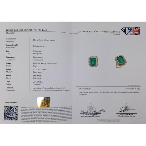 43 - AN EXQUISITE 7.6ct COLOMBIAN OCTAGONAL CUT EMERALD
SURROUNDED BY A HALO OF FINE QUALITY DIAMONDS IN ... 