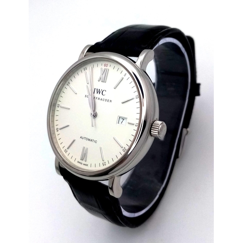 44 - AN I.W.C. SCAFFHAUSEN AUTOMATIC GENTS WATCH IN STAINLESS STEEL WITH CREAM DIAL AND DATE BOX .  40mm ... 