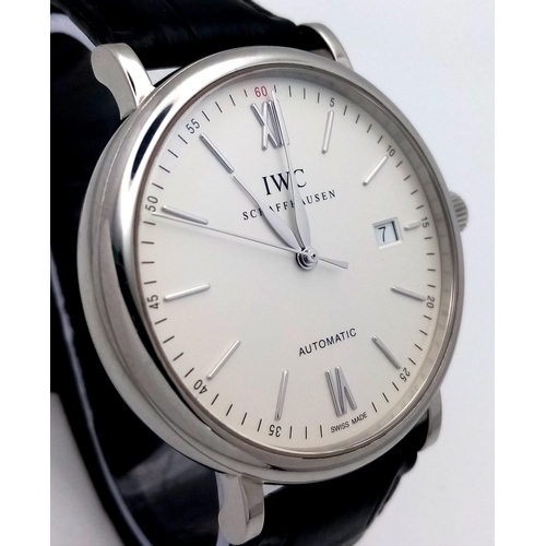 44 - AN I.W.C. SCAFFHAUSEN AUTOMATIC GENTS WATCH IN STAINLESS STEEL WITH CREAM DIAL AND DATE BOX .  40mm ... 