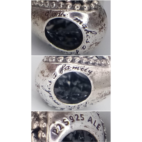 465 - A trio of sterling silver PANDORA charms. One is heart shaped, one is heart shaped with the writing:... 