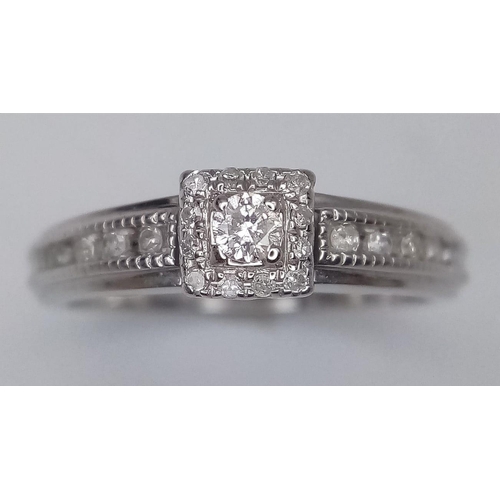 560 - 9K White gold Vintage Style Diamond Ring with Diamond Shoulders. 2.4g. Size K. (dia 0.25ct). Ref: SH... 