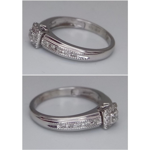 560 - 9K White gold Vintage Style Diamond Ring with Diamond Shoulders. 2.4g. Size K. (dia 0.25ct). Ref: SH... 