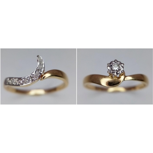 574 - 9K Yellow Gold Diamond Solitaire Ring with a Matching Swirl Band Ring. (2 ring set). 3.1g. Size P. (... 