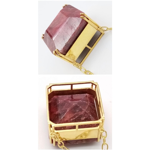 681 - A Square-Cut 237ct Ruby Pendant in Gold Plated 925 Silver on a Gold Plated 925 Chain. Pendant 3cm x ... 