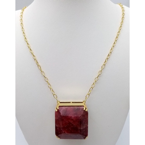 681 - A Square-Cut 237ct Ruby Pendant in Gold Plated 925 Silver on a Gold Plated 925 Chain. Pendant 3cm x ... 