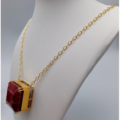 681 - A Square-Cut 237ct Ruby Pendant in Gold Plated 925 Silver on a Gold Plated 925 Chain. Pendant 3cm x ... 