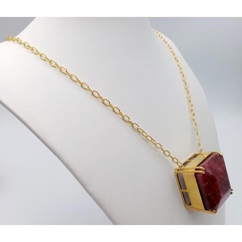 681 - A Square-Cut 237ct Ruby Pendant in Gold Plated 925 Silver on a Gold Plated 925 Chain. Pendant 3cm x ... 