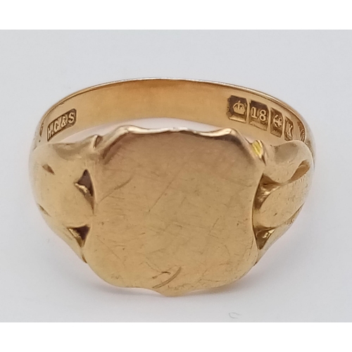 76 - An 18K Yellow Gold Antique Shield Shaped Signet Ring, Hallmarked Birmingham, 1922. Size R/S, 5.7g we... 