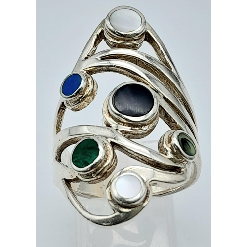 770 - A Vintage Sterling Silver Semi Precious Stone Set Statement Ring.
Size S, The Ring is set with Moons... 