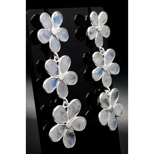 788 - A Pair of Moonstone Gemstone Flower Drop Earrings set in 925 Silver. 5.5cm drop. 10.4g total weight.