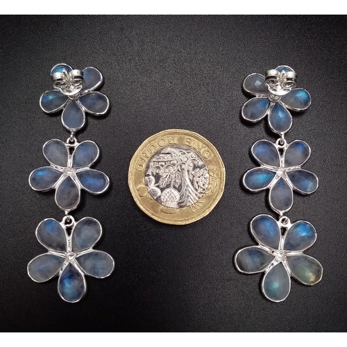 788 - A Pair of Moonstone Gemstone Flower Drop Earrings set in 925 Silver. 5.5cm drop. 10.4g total weight.