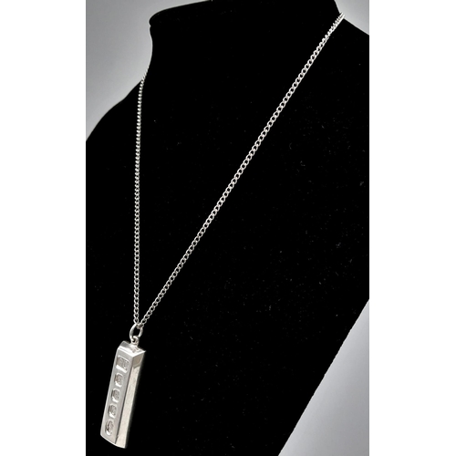 920 - Hallmarked Silver Ingot Pendant on Necklace.
Necklace measures 46cm in length, ingot pendant measure... 