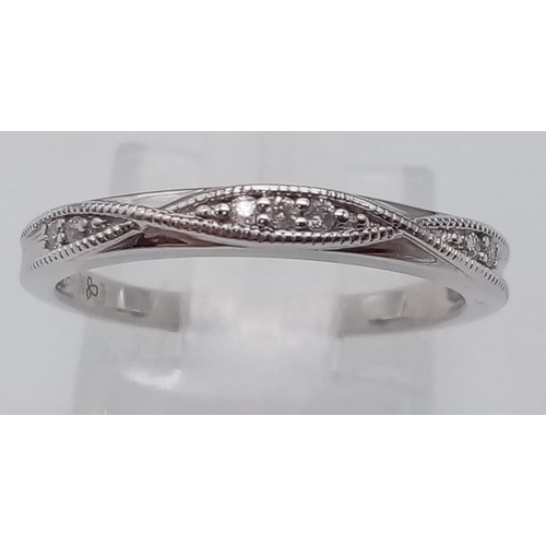 937 - 9K White gold Diamond Set Half Eternity Ring with Millgrain Crossover Detailing. 1.8g. Size K. (dia ... 