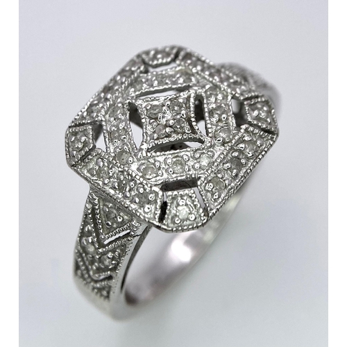 394 - An ART DECO 14 K white gold diamonds ring , size: N, weight: 3.4 g.