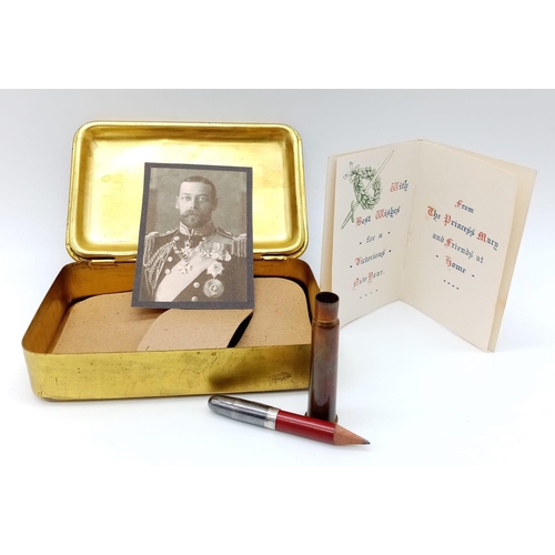 40 - WW1 British 1914 Princess Mary Christmas Tin with original pencil, Christmas Card & Picture of t... 